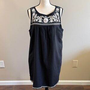 J.Crew Black Linen Blend Line Shift Dress White Floral Embroidered Top Sz Large